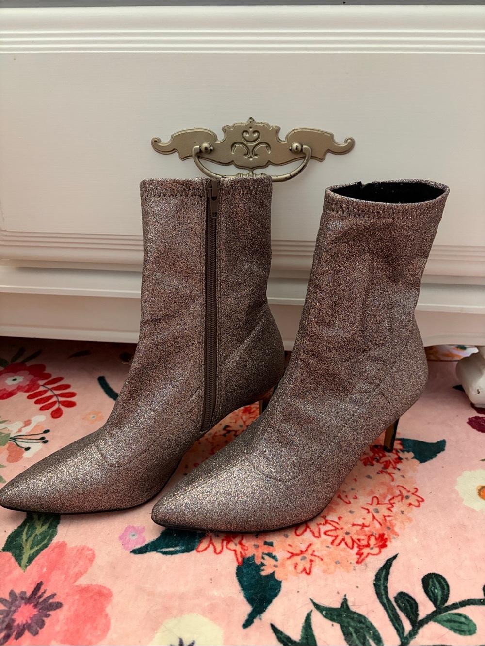 Pointed-Toe Glitter Ankle Boots in Silver
